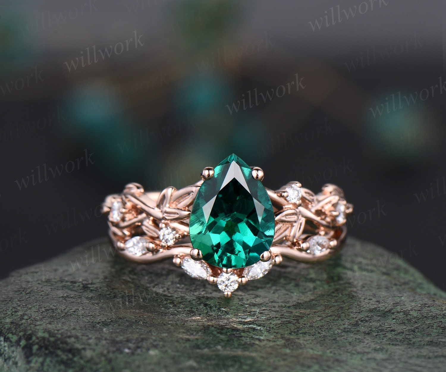 Art Deco Pear Cut Emerald Engagement Ring Set, Emerald Bridal Ring Set In 14k Gold, Twig Ring,Branch Ring,Diamond Wedding Ring Set For fashion Women