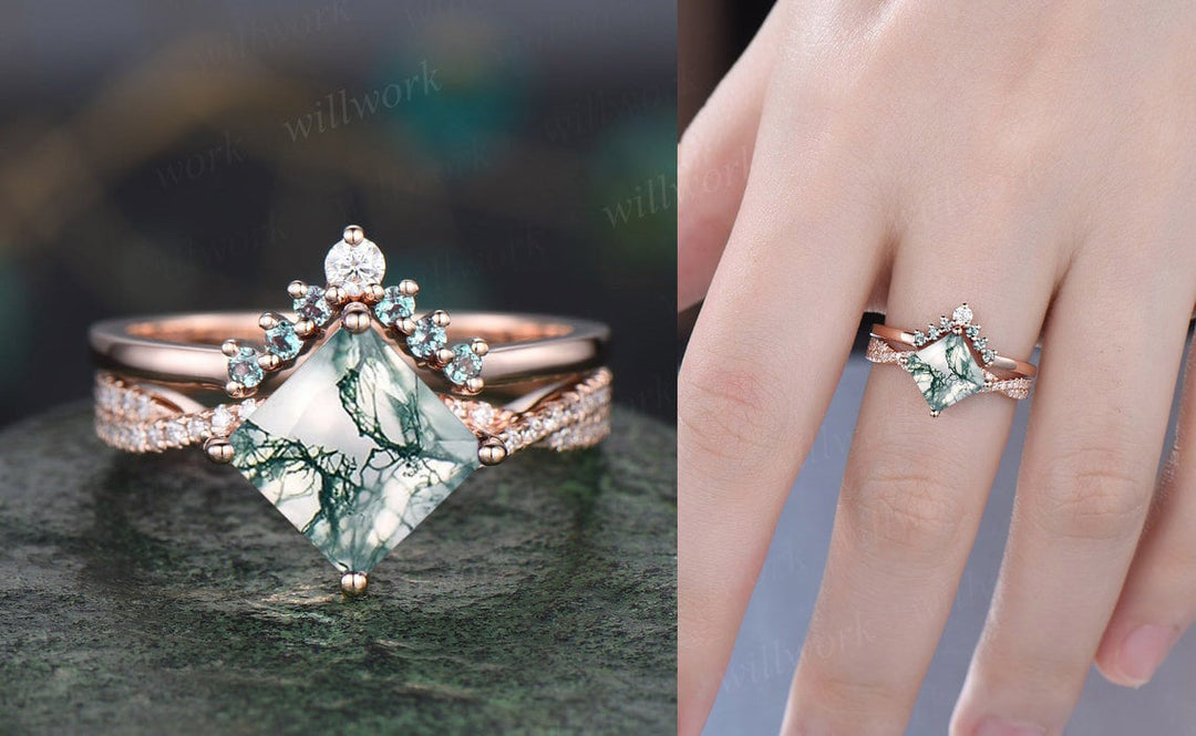 Vintage princess cut moss agate engagement ring set solid 14k rose gold Twisted diamond ring stacking alexandrite wedding ring set for women