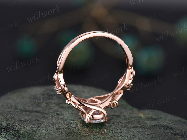 Leaf moissanite ring vintage oval moissanite engagement ring women twig Nature inspired rose gold ring branch diamond bridal ring set gift