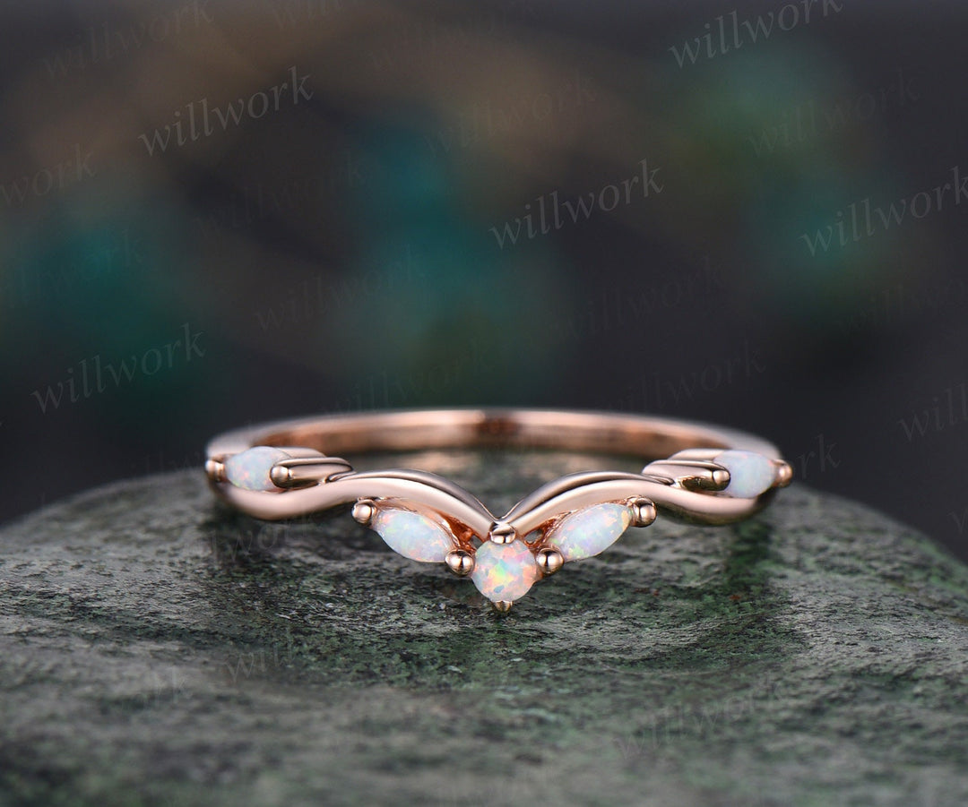 Vintage Curved moonstone opal wedding band 14k rose gold art deco stacking wedding ring band women birthstone anniversary ring gift