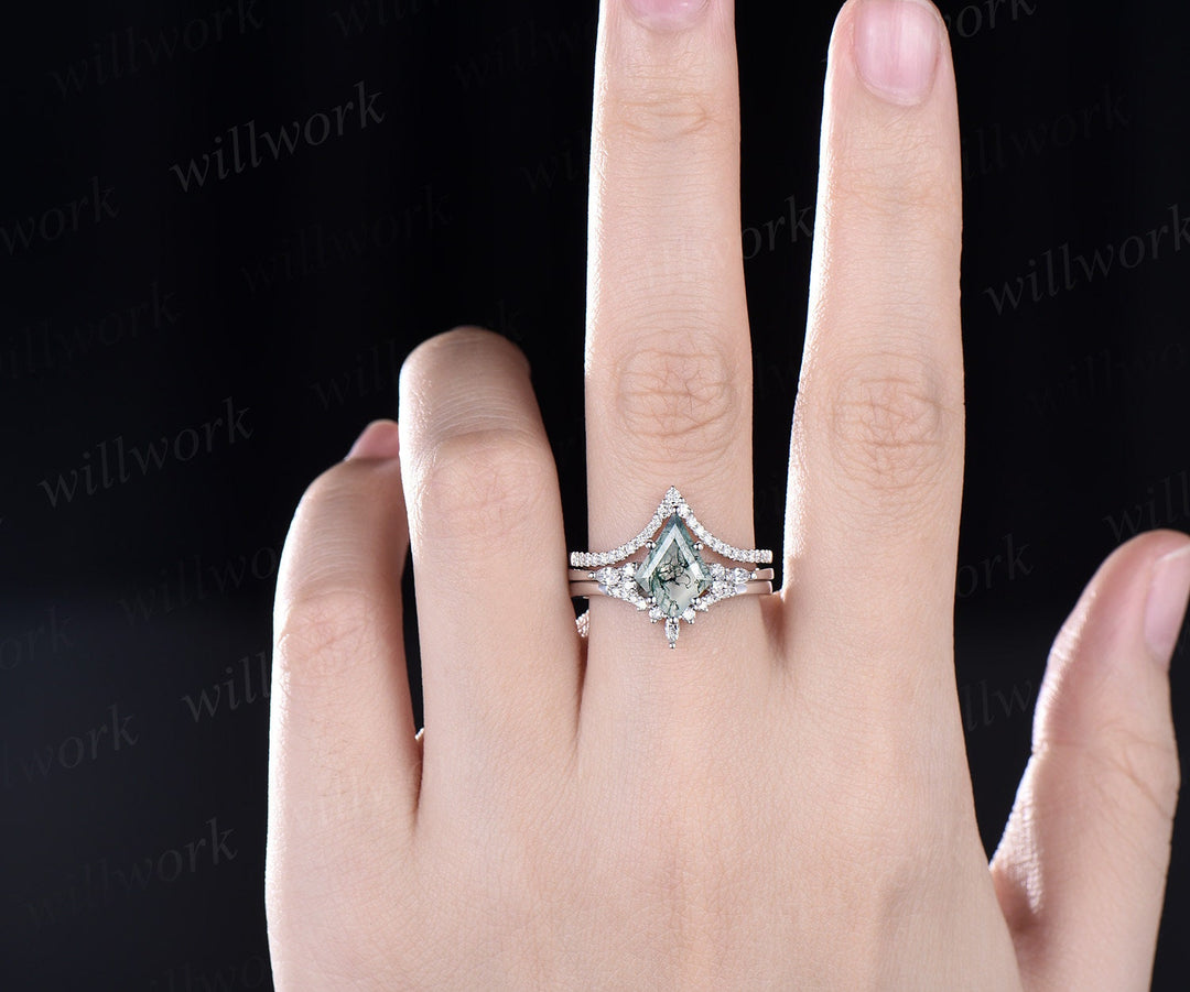 Custom order-8x11mm kite cut green moss agate ring set diamond wedding band with 18k white gold