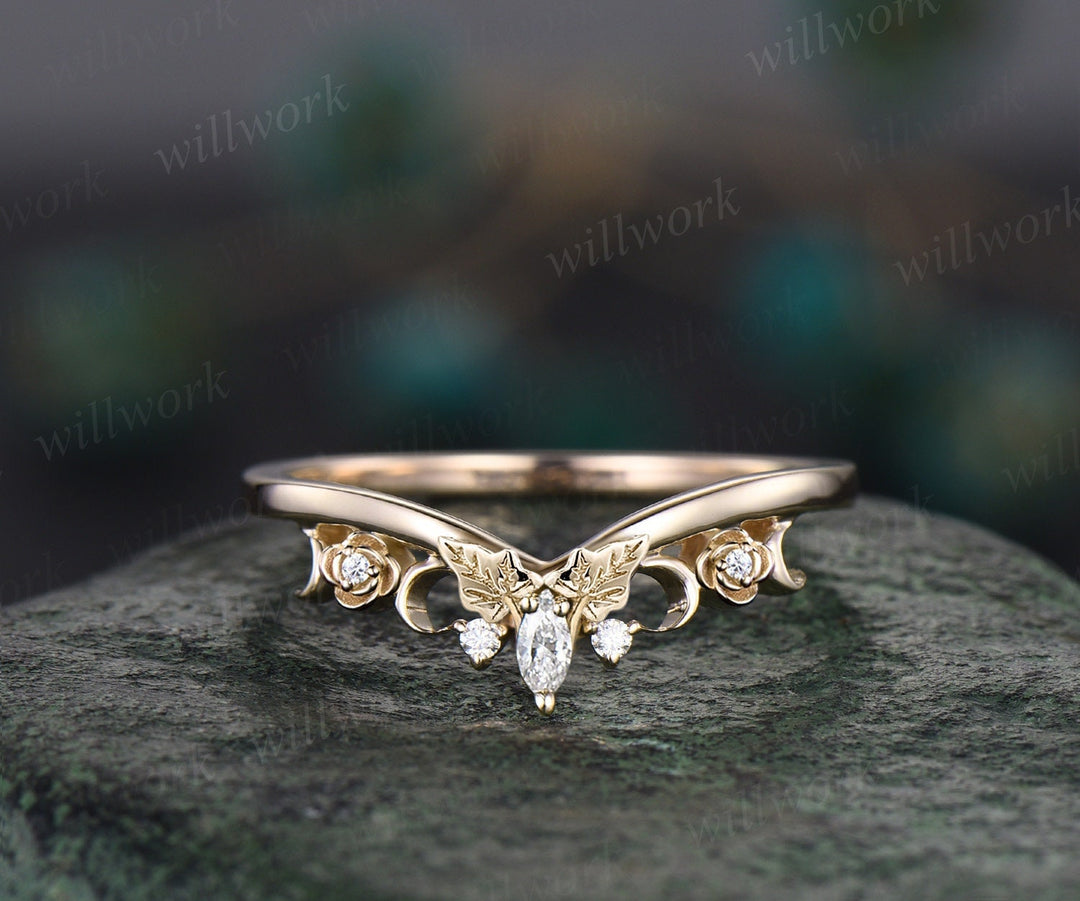 Unique diamond wedding band solid 14k yellow gold five stone ring leaf –  WILLWORK JEWELRY