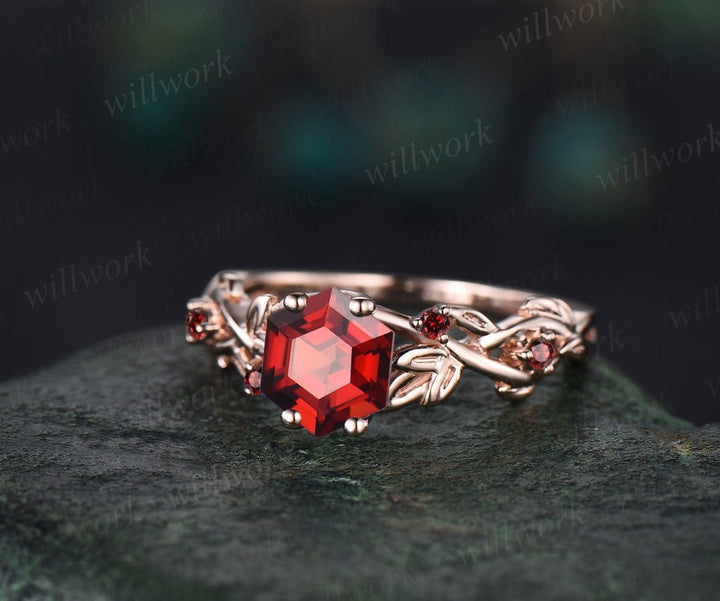 Twig red garnet ring vintage hexagon cut garnet engagement ring 14k rose gold leaf ring January birthstone unique anniversary ring for women