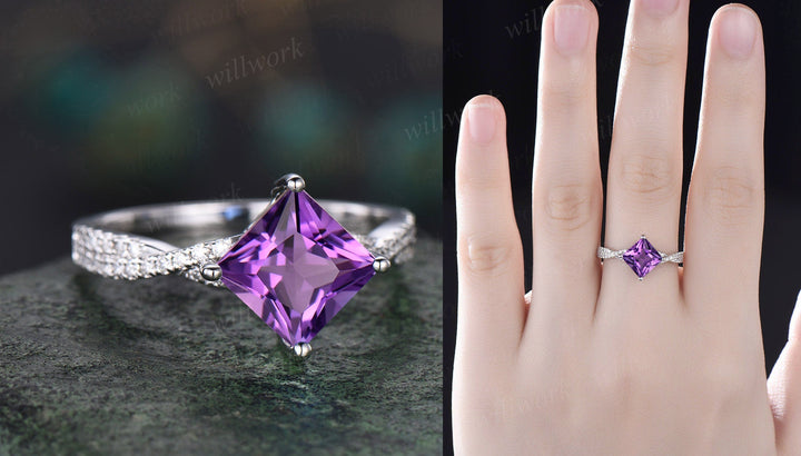 Princess cut purple amethyst ring vintage amethyst  engagement ring set solid 14k rose gold opal twisted moissanite wedding ring set women