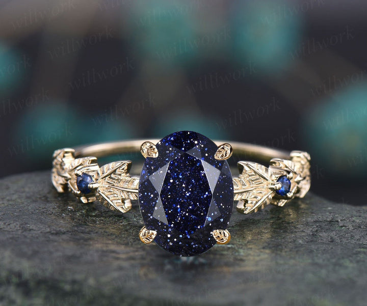 Oval cut blue goldstone ring vintage blue sandstone engagement ring white gold three stone Nature inspired leaf natural sapphire ring women