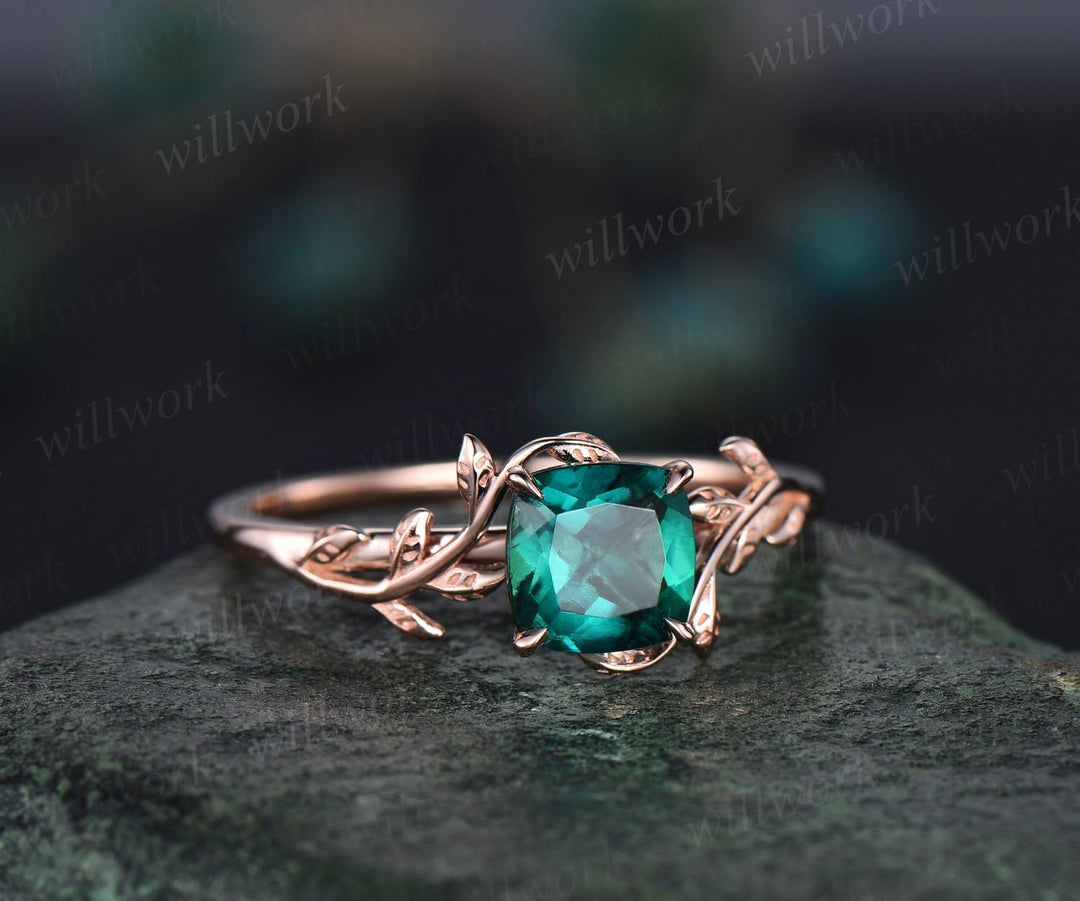 Cushion cut green emerald ring vintage unique nature inspired