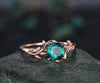 Cushion cut green emerald ring vintage unique nature inspired engagement ring leaf 14k rose gold ring art deco bridal wedding ring for women