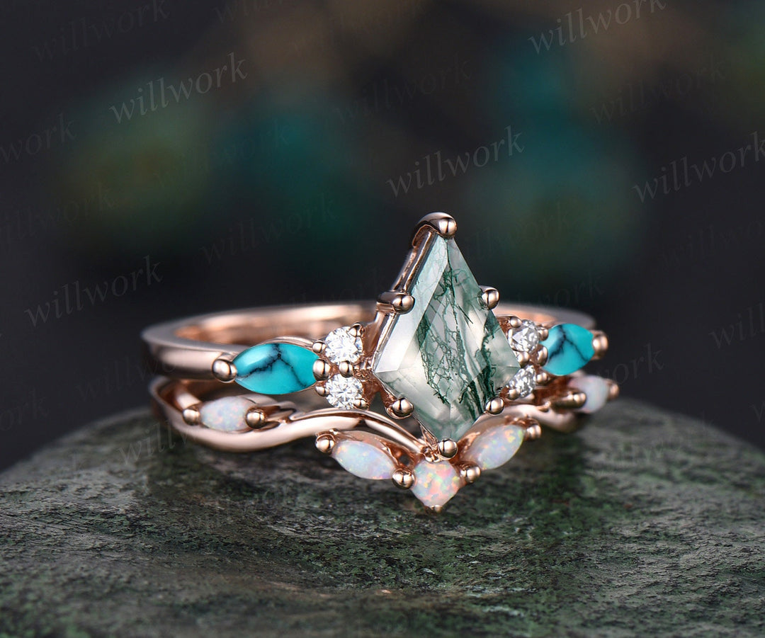 Kite cut green moss agate engagement ring 14k rose gold marquise cut ring diamond opal ring women unique anniversary ring set jewelry gift
