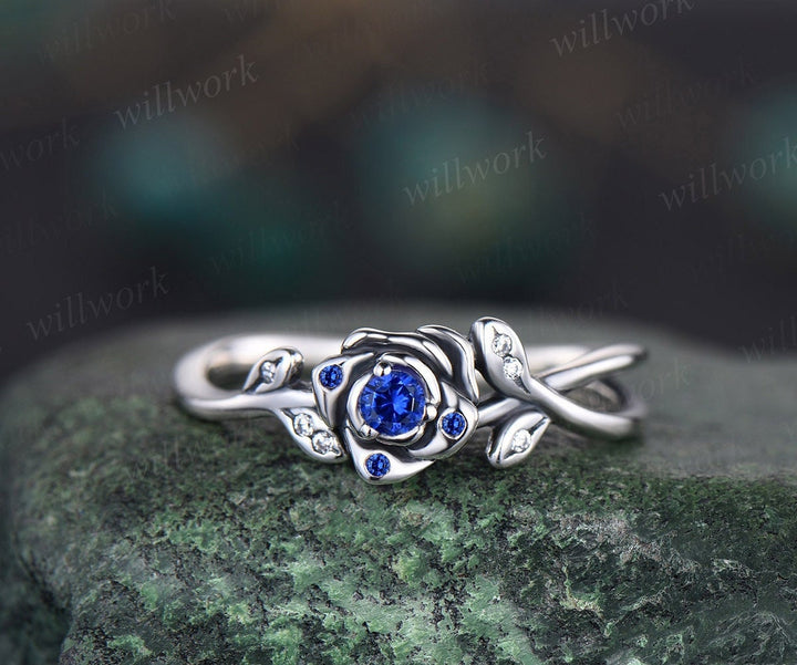 Round natural blue sapphire ring vintage sapphire engagement ring 14k white gold leaf flower diamond ring cluster anniversary ring women