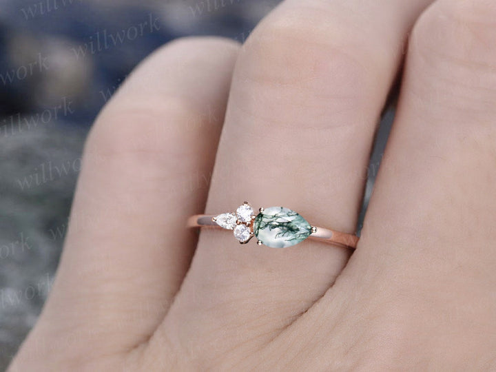 Pear shaped green moss agate ring vintage dainty engagement ring women rose gold 4 stone moissanite ring unique bridal wedding promise ring