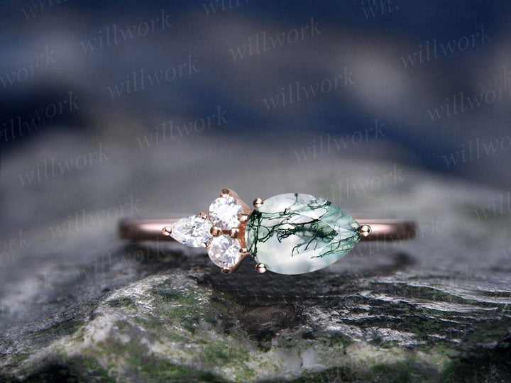 Pear shaped green moss agate ring vintage dainty engagement ring women rose gold 4 stone moissanite ring unique bridal wedding promise ring