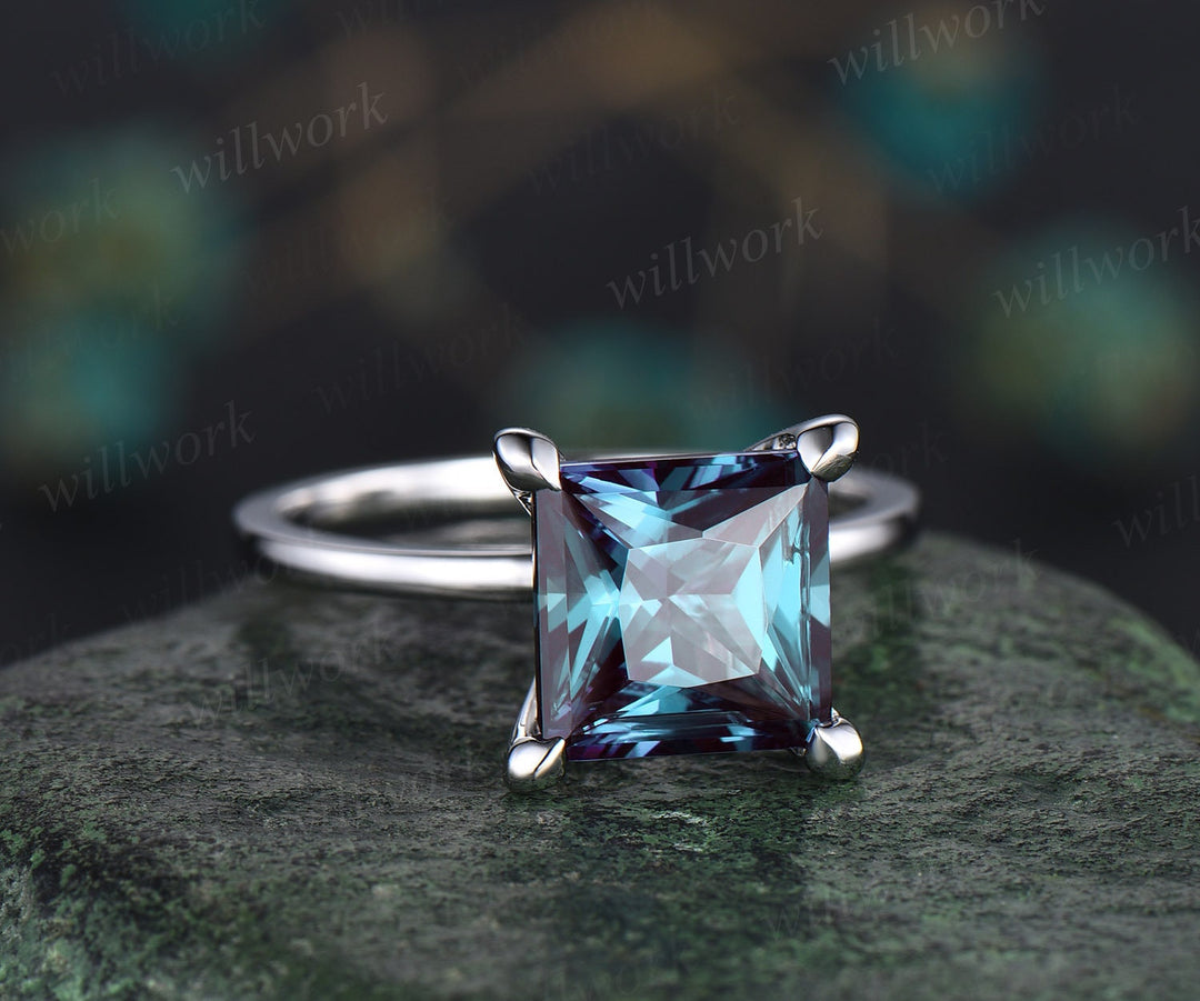 3ct Princess cut Alexandrite ring vintage Solitaire engagement ring women solid 14k white gold square cut ring unique promise ring jewelry