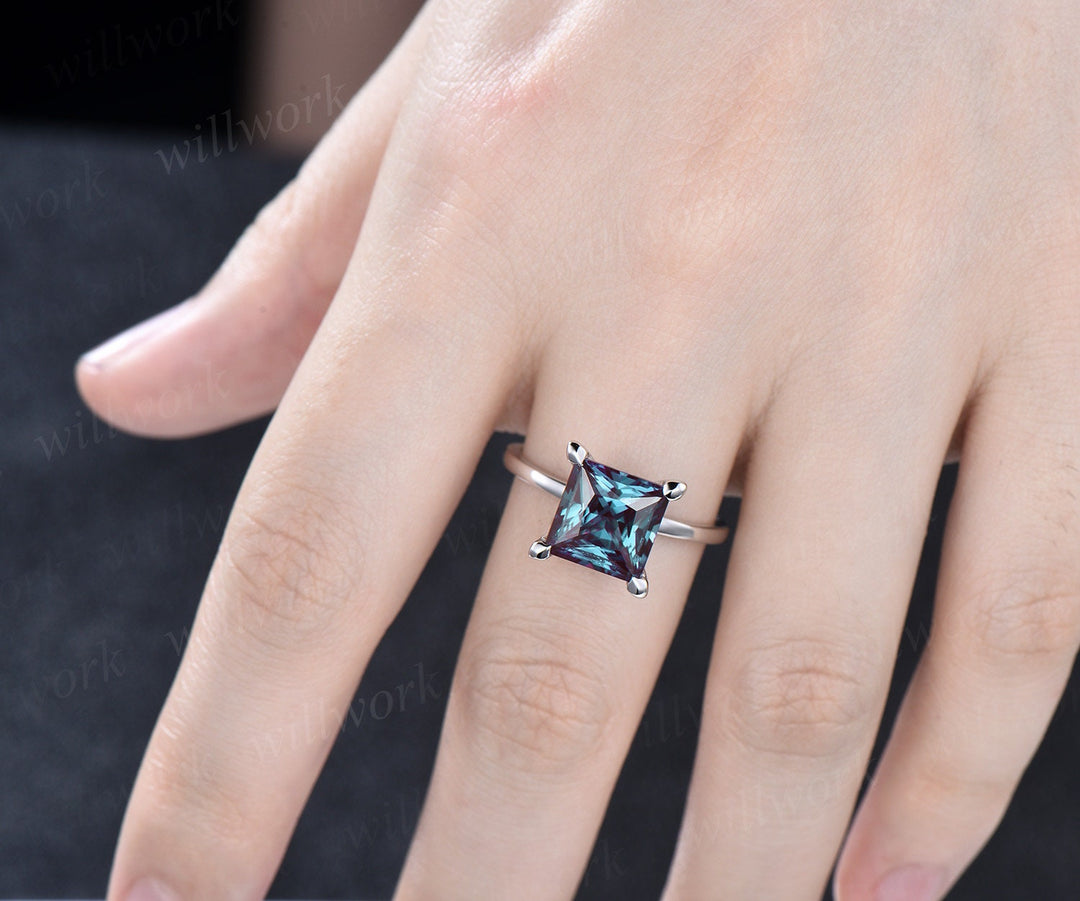3ct Princess cut Alexandrite ring vintage Solitaire engagement ring women solid 14k white gold square cut ring unique promise ring jewelry