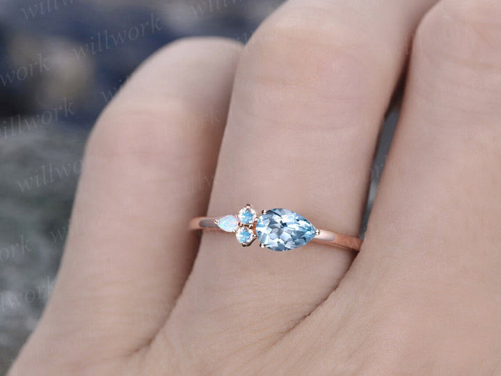 Dainty Pear shaped aquamarine engagement ring solid 14k rose gold moonstone ring vintage opal ring women unique anniversary wedding ring