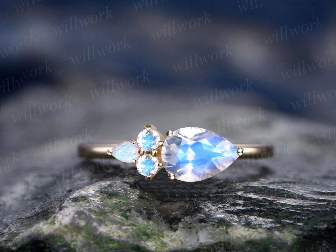 Moonstone engagement ring. Pear shape moonstone and diamond ring. 14K, 18K  or Platinum.