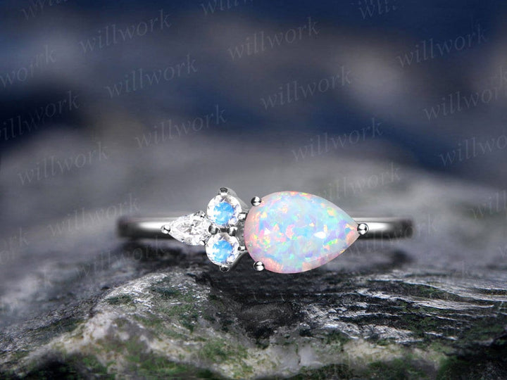 Pear shaped opal ring vintage five stone East To West unique opal engagement ring 14k rose gold dainty moonstone bridal ring for women gift