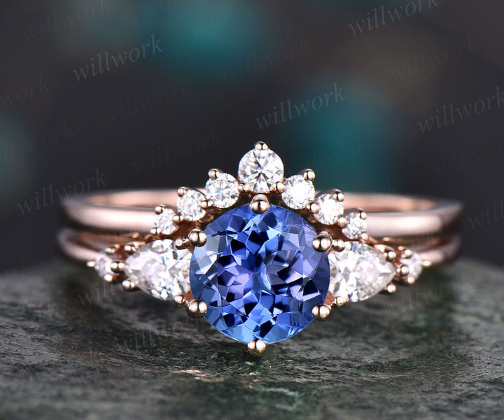 Round natural Tanzanite engagement ring set solid 14k rose gold five stone pear diamond ring unique wedding bridal ring set women jewelry