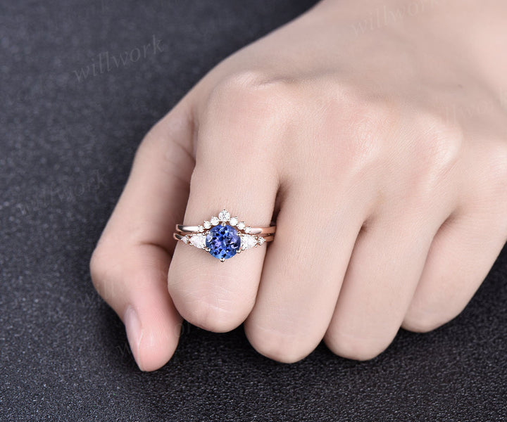 Round natural Tanzanite engagement ring set solid 14k rose gold five stone pear diamond ring unique wedding bridal ring set women jewelry