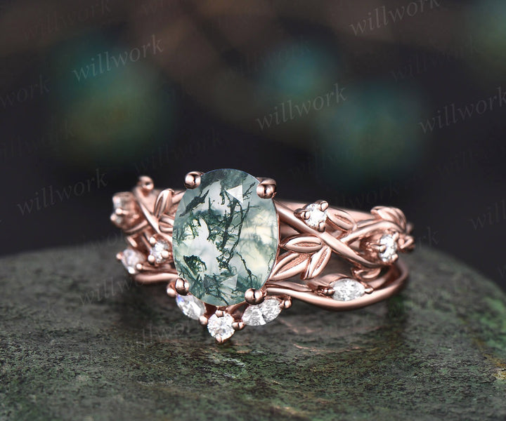 2ct Twig oval cut moss agate engagement ring set 14k rose gold five stone leaf branch Nature inspired ring diamond bridal ring set for women