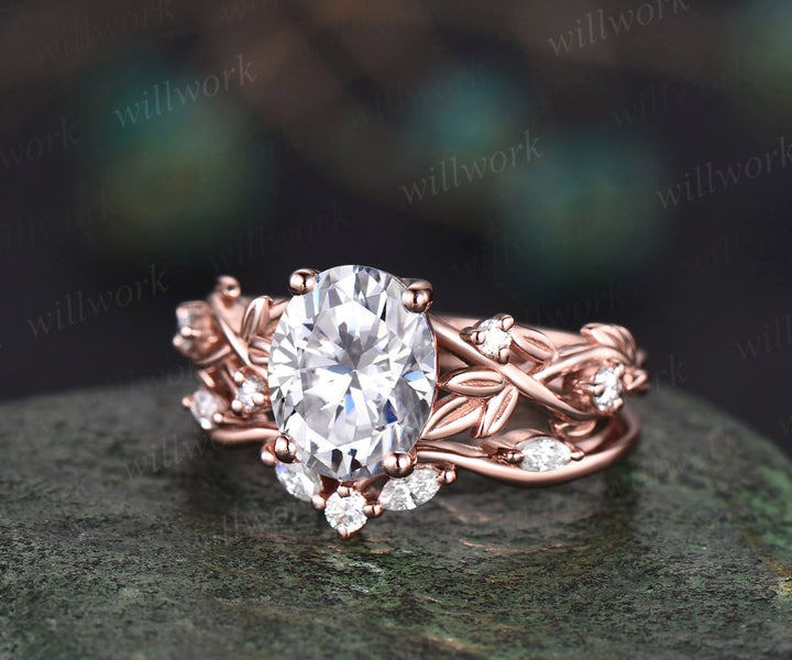 Leaf moissanite ring vintage oval moissanite engagement ring women twig Nature inspired rose gold ring branch diamond bridal ring set gift