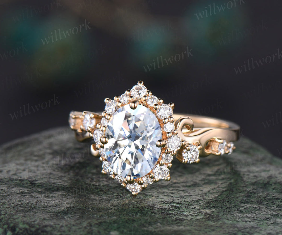 Vintage oval cut moissanite engagement ring women 14k yellow gold snowdrift halo diamond ring art deco cluster antique promise ring her gift