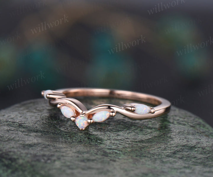 Vintage Curved moonstone opal wedding band 14k rose gold art deco stacking wedding ring band women birthstone anniversary ring gift