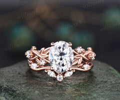 Leaf Vintage Oval IGI Lab Grown Diamond Engagement Ring Twig Nature Inspired Branch Bridal Ring Set