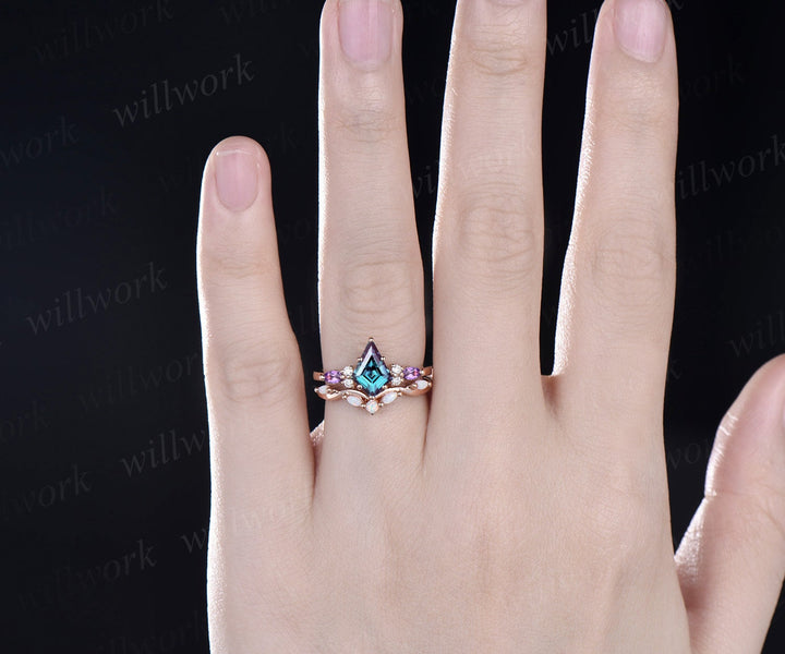 Kite cut Alexandrite engagement ring marquise cut amethyst ring 14k rose gold diamond opal ring women unique wedding ring set jewelry gift