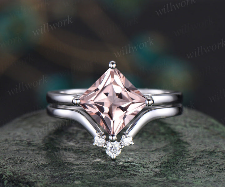 Princess cut morganite engagement ring set solid 14k white gold Minimalist Solitaire bridal set three stone diamond wedding band jewelry