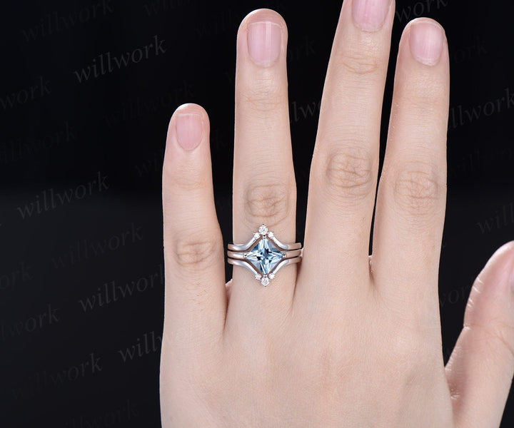 Princess cut Aquamarine engagement ring set solid 14k white gold three stone Minimalist Solitaire unique anniversary wedding ring set women