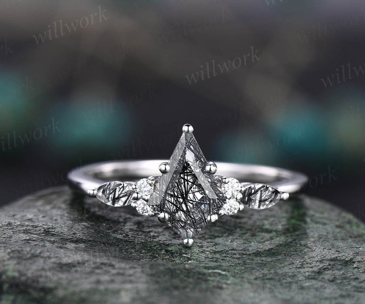 Kite cut black rutilated quartz ring vintage unique engagement ring rose gold marquise cut diamond ring dainty promise bridal ring set women