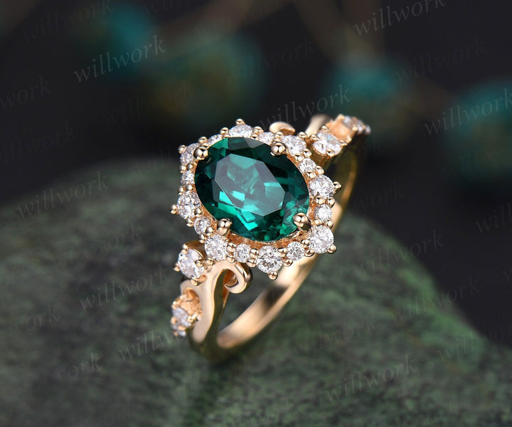 Vintage oval cut emerald engagement ring halo diamond ring 14k yellow gold art deco May birthstone ring unique bridal ring women jewelry