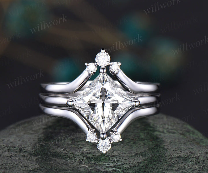 Princess cut Moissanite engagement ring set solid 14k white gold three stone Minimalist Solitaire unique anniversary bridal ring set women