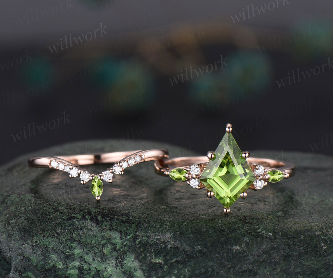 8x11mm kite cut peridot ring solid 14k rose gold green peridot engagement ring se  women art deco vintage diamond wedding bridal ring set