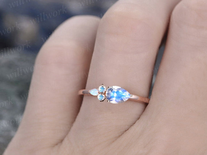 Pear shaped moonstone ring vintage five stone East To West unique engagement ring 14k rose gold dainty opal ring women anniversary ring gift