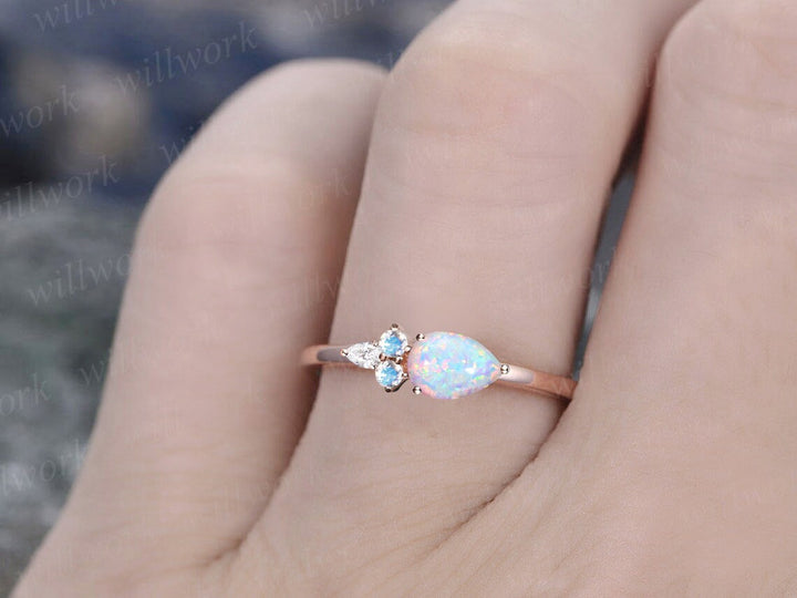 Pear shaped opal ring vintage five stone East To West unique opal engagement ring 14k rose gold dainty moonstone bridal ring for women gift