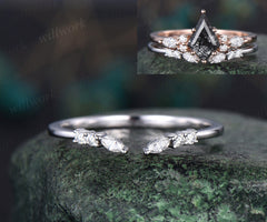 Open gap curved art deco diamond wedding band solid 14k white gold 6 stone ring moissanite stacking ring band women anniversary ring gift