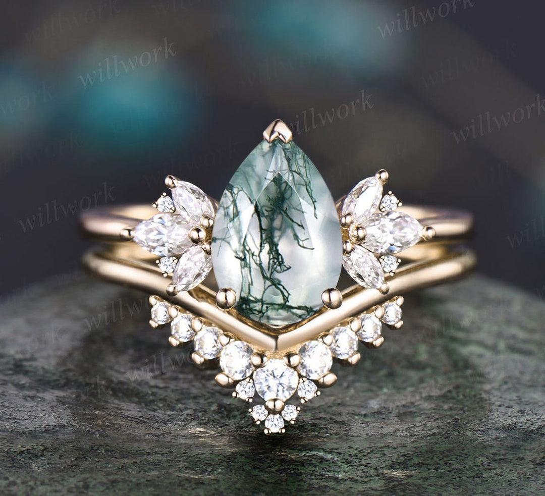 6x9mm Pear shaped green moss agate engagement ring art deco rose gold cluster diamond ring vintage stacking wedding bridal ring set women