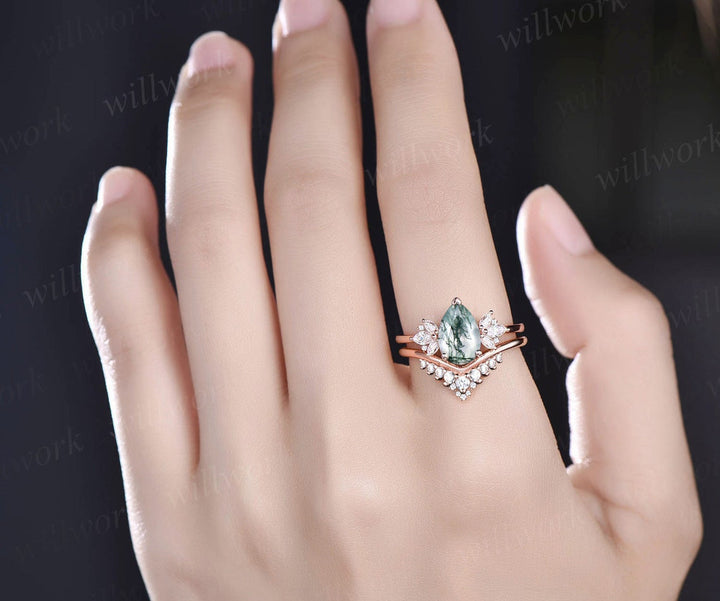 6x9mm Pear shaped green moss agate engagement ring art deco rose gold cluster diamond ring vintage stacking wedding bridal ring set women