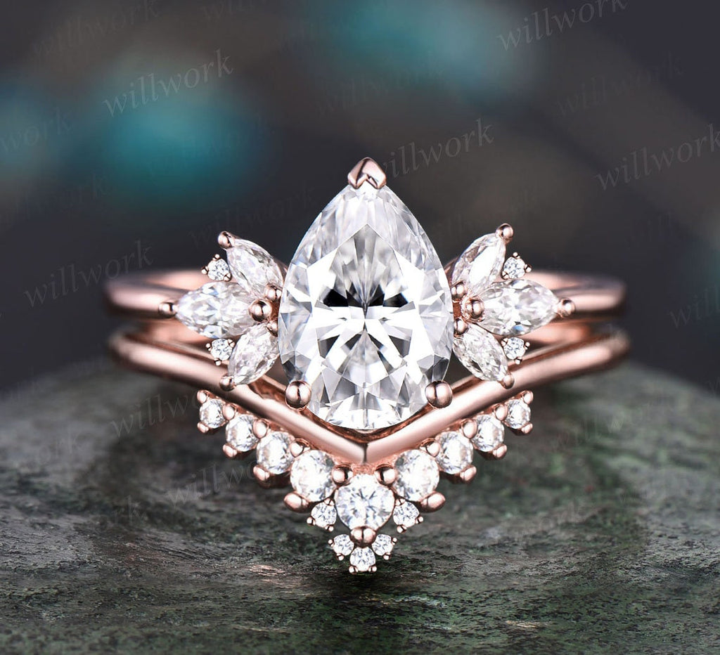 Vintage pear shaped Smoky Quartz engagement ring good set art deco 14k rose gold twisted moissanite ring for women wedding bridal ring set