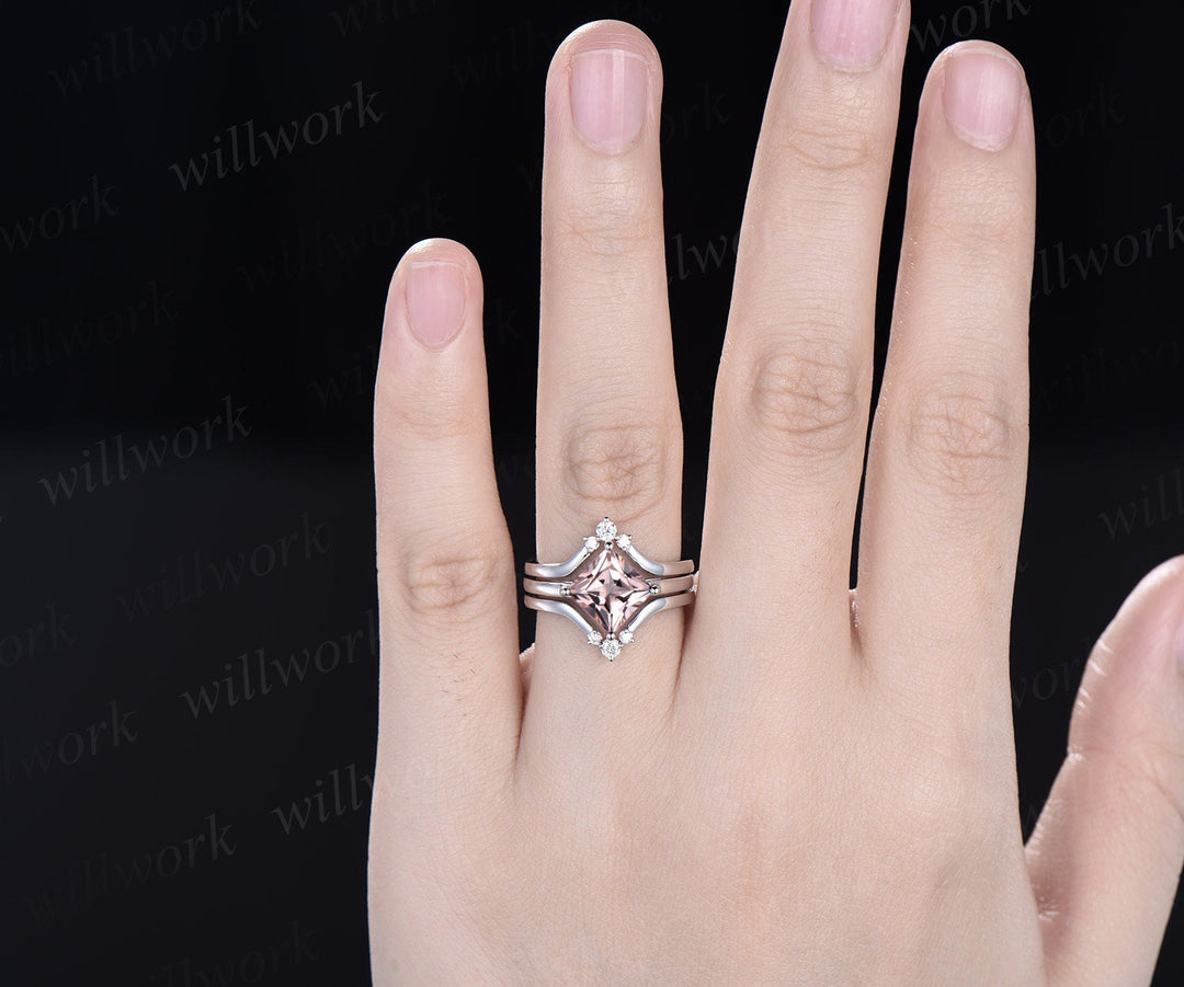 Princess cut morganite engagement ring set solid 14k white gold Minimalist Solitaire bridal set three stone diamond wedding band jewelry