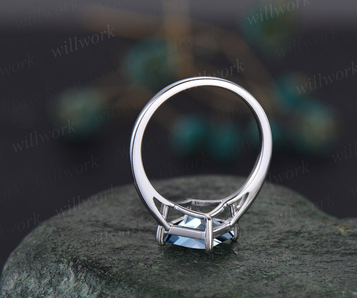 Princess cut Aquamarine engagement ring set solid 14k white gold three stone Minimalist Solitaire unique anniversary wedding ring set women