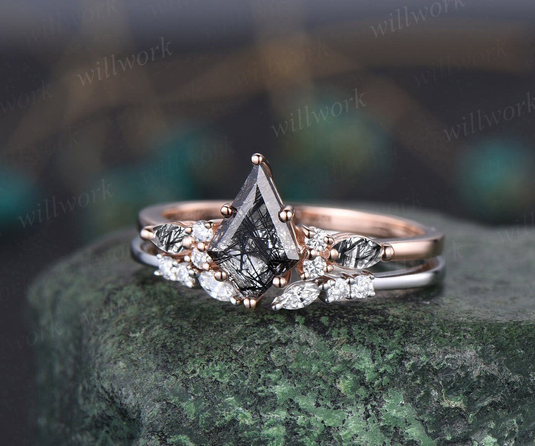 Kite cut black rutilated quartz ring vintage unique engagement ring rose gold marquise cut diamond ring dainty promise bridal ring set women