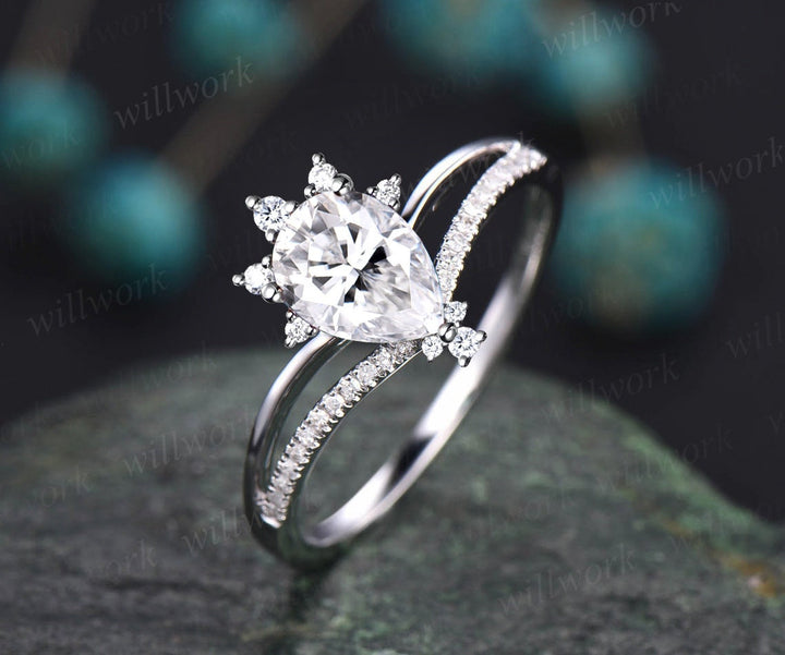 Vintage pear shaped moissanite engagement ring 14k rose gold half eternity cluster split shank diamond ring unique wedding ring women gift