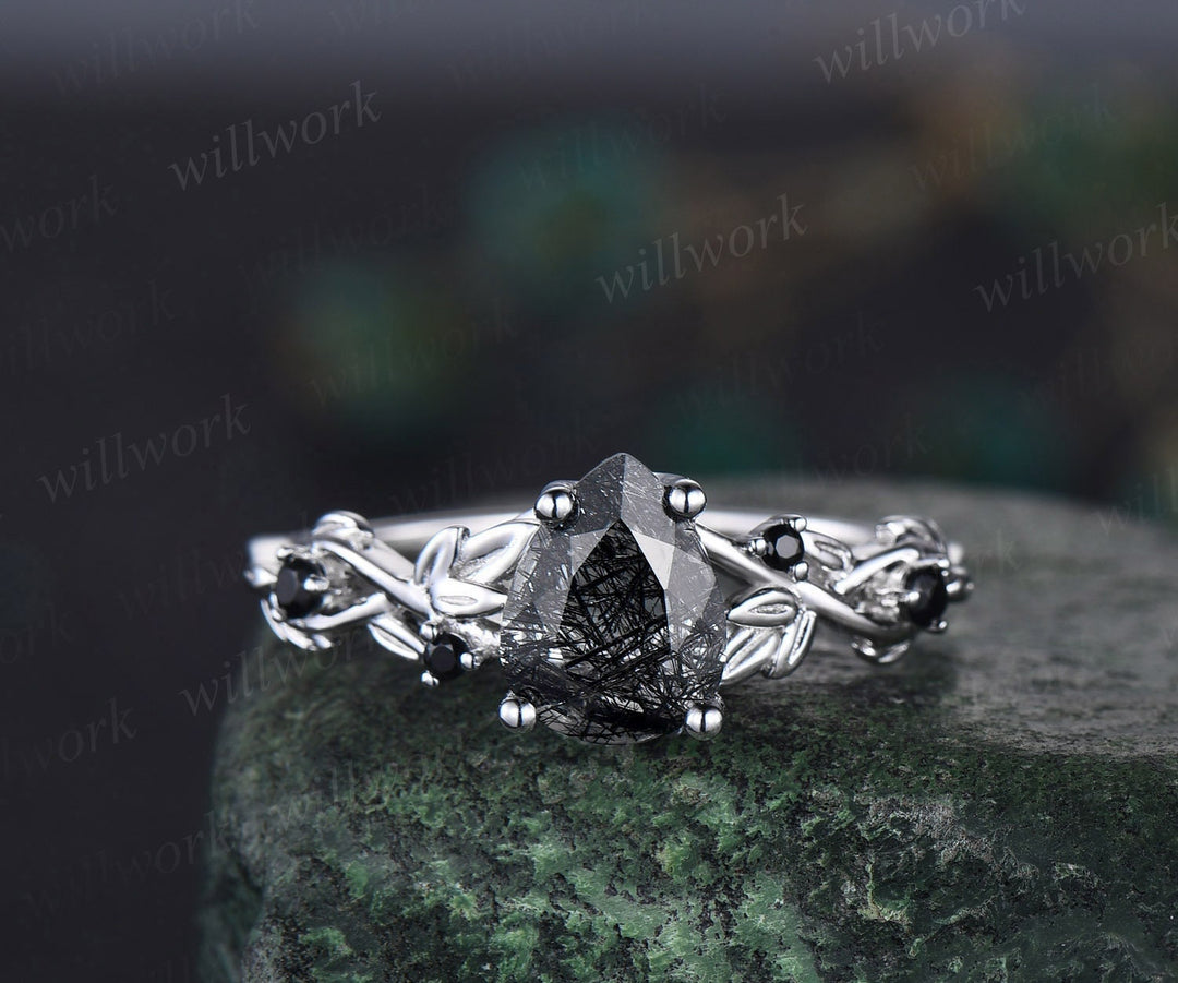 Vintage pear black rutilated quartz ring leaf twig nature inspired engagement ring five stone black diamond white gold bridal ring women
