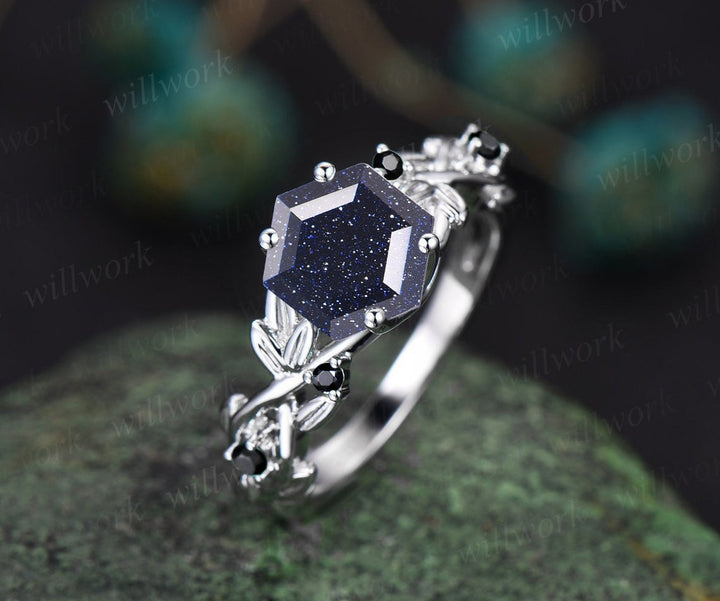 Vintage hexagon cut blue sandstone ring leaf twig nature inspired engagement ring rose gold antique black diamond ring bridal ring women