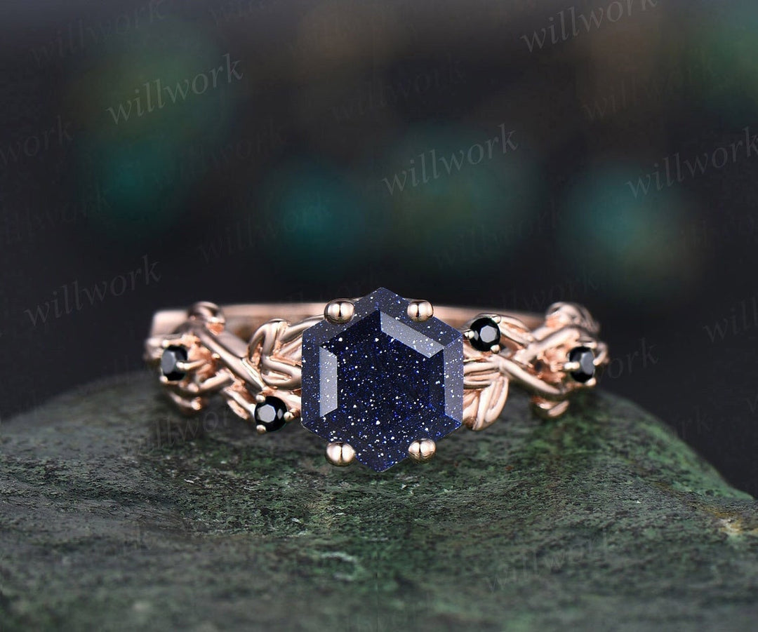 Vintage hexagon cut blue sandstone ring leaf twig nature inspired engagement ring rose gold antique black diamond ring bridal ring women