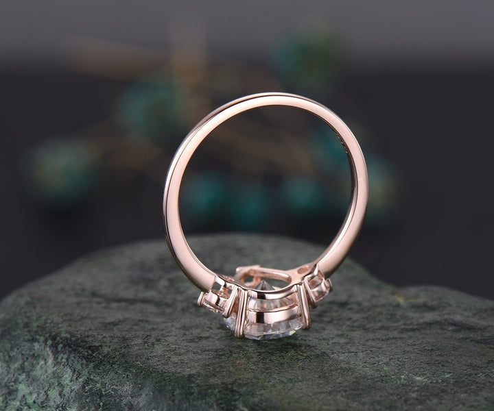 8x10mm pear shaped Moissanite engagement ring set solid 14k rose gold three stone Minimalist unique wedding promise bridal ring set women