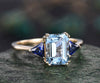 Vintage emerald cut aquamarine engagement ring 14k yellow gold three stone Trilliant cut sapphire ring women blue gemstone ring Fine jewelry