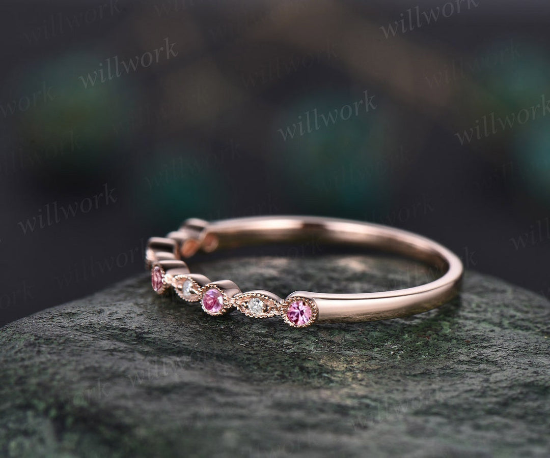 Milgrain bezel Pink sapphire wedding band solid 14k rose gold vintage art deco half eternity dainty diamond wedding ring band women gift
